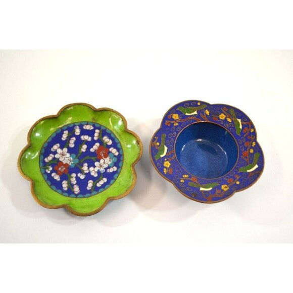 Chinese Cloisonne Trinket Bowl Dish Lot of 2 Cherry Blossoms Birds Vtg - Picture 1 of 11